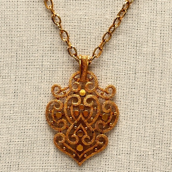 Vintage Crown Trifari Scroll Pendant Necklace Costume  Crown Trifari Necklace Gold Tone Filigree Scroll Pendant 20 Inch Chain